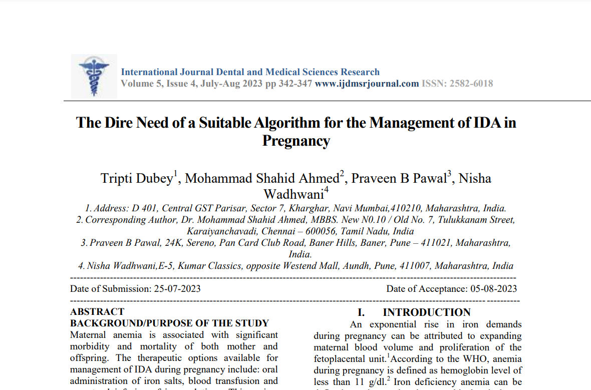 The Dire Need of a Suitable Algorithm for the Management of IDA in Pregnancy