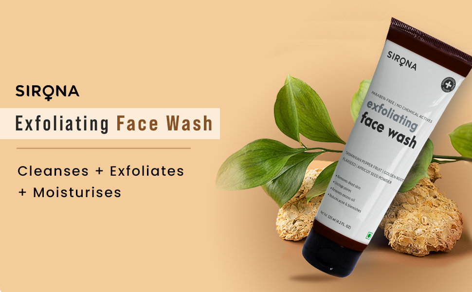 Sirona Exfoliating Facewash 125 ml | Tasmanian Pepper Fruit, Golden Root Flaxseed, Apricot Seed Powder | Removes Excess Oil & Dead Cells | Reduces Acne & Blemishes | Unclog Pores | For All Skin Type, Pack of 1 Sirona Exfoliating Facewash 125 ml | Tasmanian Pepper Fruit, Golden Root Flaxseed, Apricot Seed Powder | Removes Excess Oil & Dead Cells | Reduces Acne & Blemishes | Unclog Pores | For All Skin Type, Pack of 1