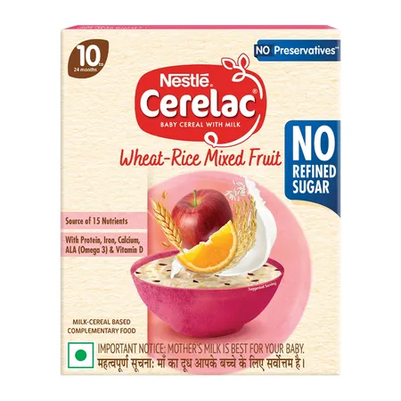 CERELAC Baby Food Cereal | No Refined Sugar | No Preservatives | Wheat Rice Mixed Fruit for 10 to 24 Months Baby | Omega 3 Iron Protein Calcium Vitamin D for Babies | Instant Baby Food Cereal | 300 gm