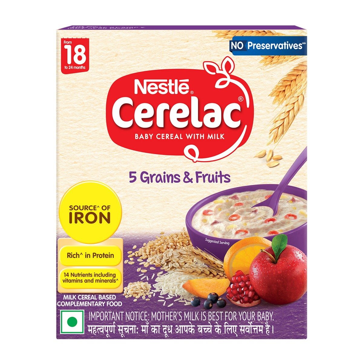 Nestle CERELAC 5 Grains & Fruits Baby Food Cereal, No Preservatives, 18 to 24 Months Baby, 300 gm, Pack of 1 Nestle CERELAC 5 Grains & Fruits Baby Food Cereal, No Preservatives, 18 to 24 Months Baby, 300 gm, Pack of 1