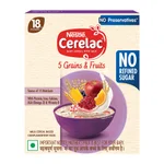 CERELAC Baby Food Cereal | No Refined Sugar | No Preservatives | 5 Grains & Fruits for 18 to 24 Months Baby | Omega 3 Iron Protein Calcium Vitamin D for Babies | Instant Baby Food Cereal | 300g