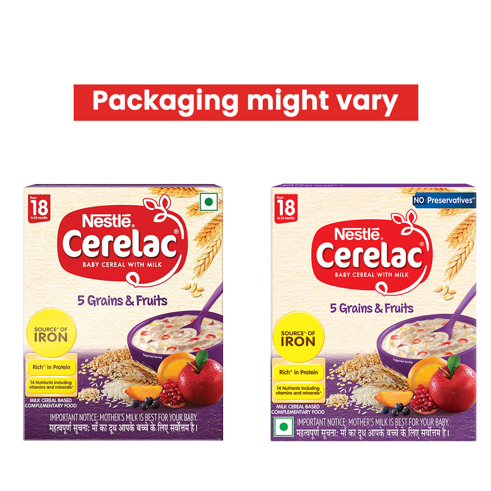 Nestle CERELAC 5 Grains & Fruits Baby Food Cereal, No Preservatives, 18 to 24 Months Baby, 300 gm, Pack of 1 Nestle CERELAC 5 Grains & Fruits Baby Food Cereal, No Preservatives, 18 to 24 Months Baby, 300 gm, Pack of 1
