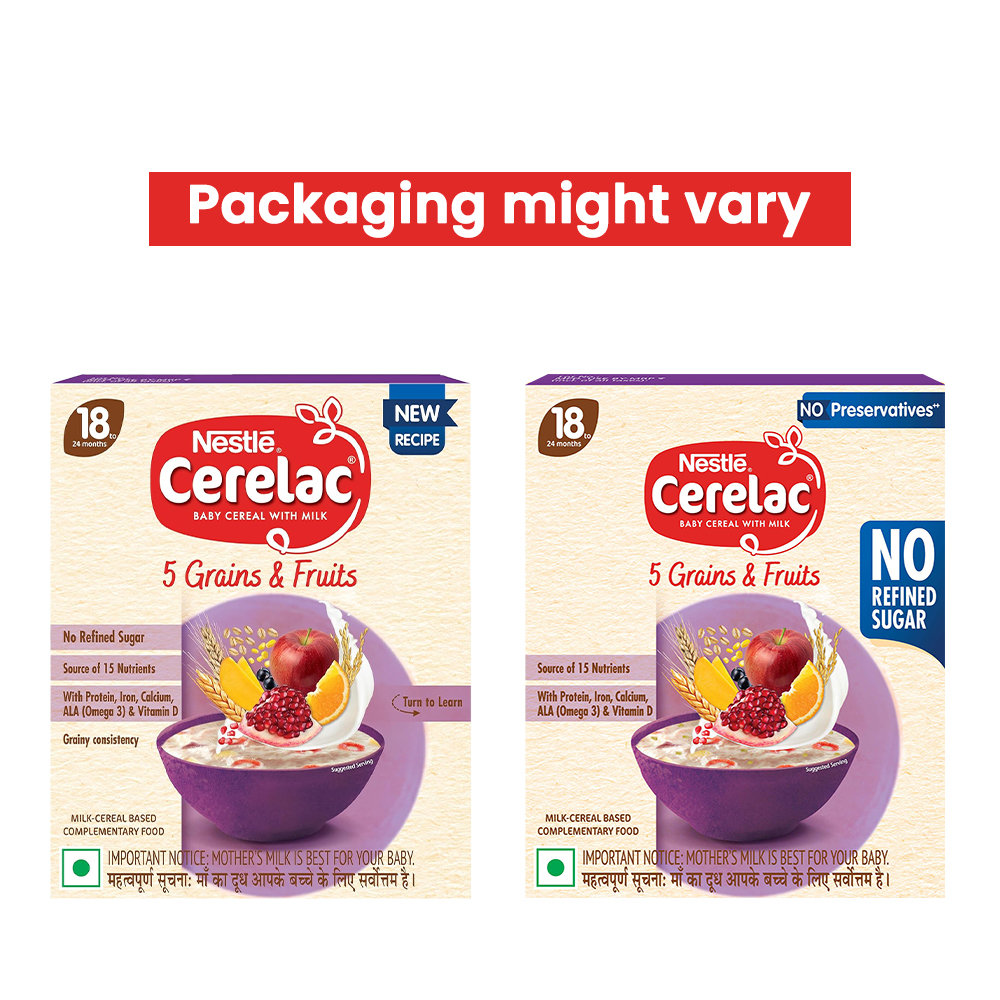 Nestle CERELAC 5 Grains & Fruits Baby Food Cereal, No Refined Sugar & No Preservatives, 18 to 24 Months Baby, 300 gm, Pack of 1 Nestle CERELAC 5 Grains & Fruits Baby Food Cereal, No Refined Sugar & No Preservatives, 18 to 24 Months Baby, 300 gm, Pack of 1
