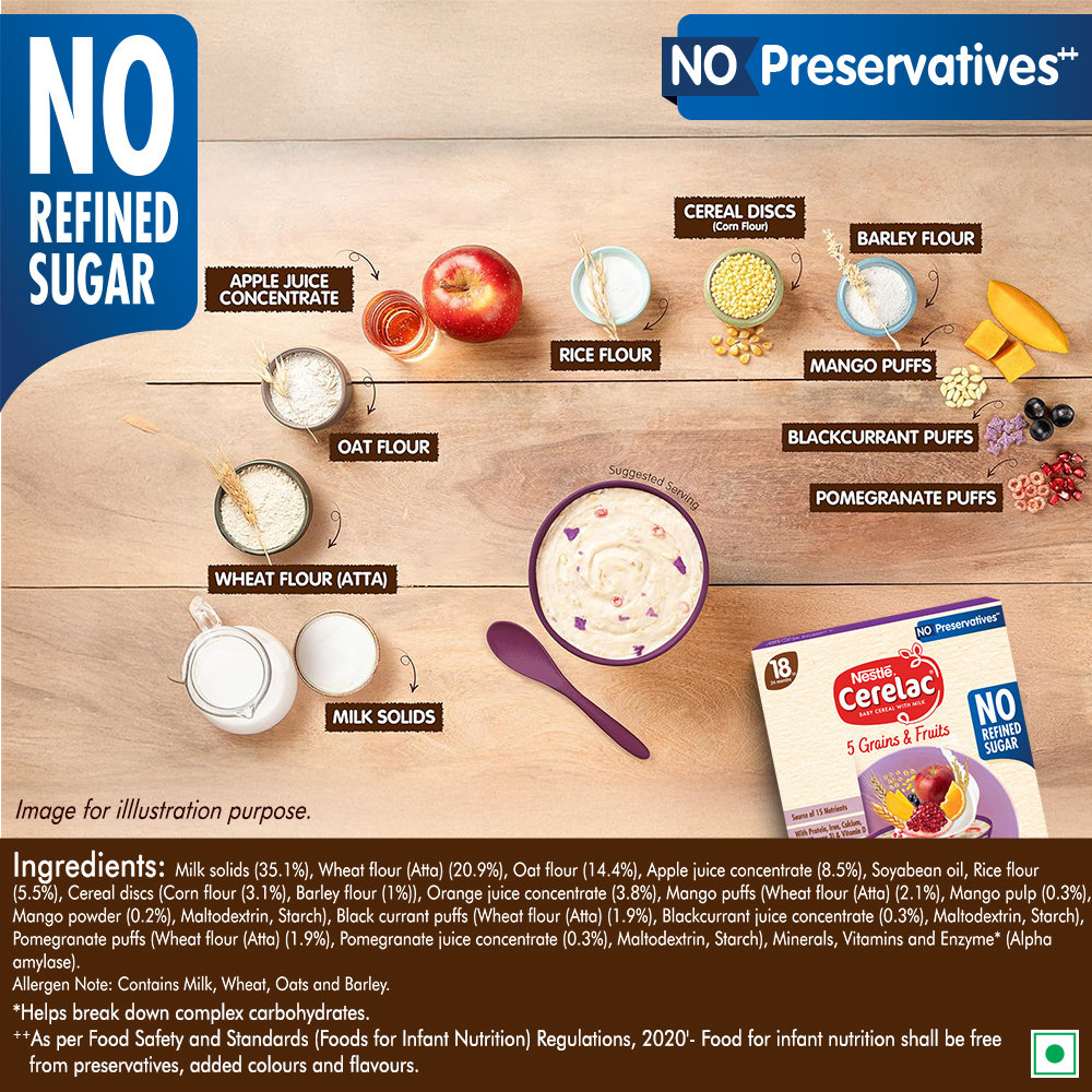 Nestle CERELAC 5 Grains & Fruits Baby Food Cereal, No Refined Sugar & No Preservatives, 18 to 24 Months Baby, 300 gm, Pack of 1 Nestle CERELAC 5 Grains & Fruits Baby Food Cereal, No Refined Sugar & No Preservatives, 18 to 24 Months Baby, 300 gm, Pack of 1