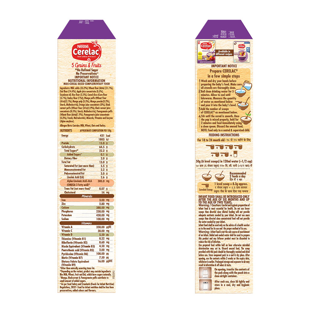 Nestle CERELAC 5 Grains & Fruits Baby Food Cereal, No Refined Sugar & No Preservatives, 18 to 24 Months Baby, 300 gm, Pack of 1 Nestle CERELAC 5 Grains & Fruits Baby Food Cereal, No Refined Sugar & No Preservatives, 18 to 24 Months Baby, 300 gm, Pack of 1