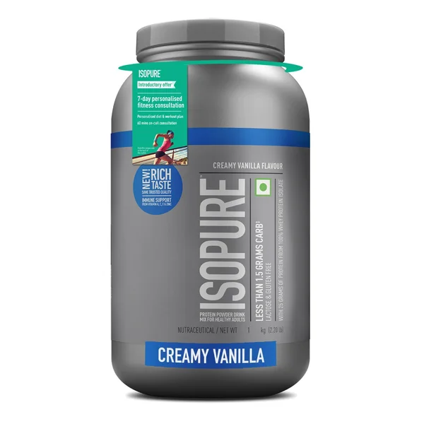 Isopure Less Than 1.5 gm Carbs 100% Whey Protein Isolate Creamy Vanilla Flavour Powder, 2.20 lb, Pack of 1