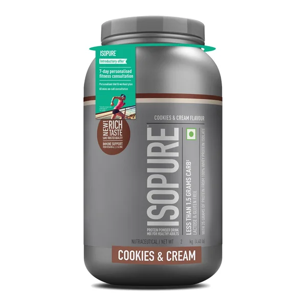 Isopure Less Than 1.5 gm Carbs 100% Whey Protein Isolate Cookies &amp; Cream Flavour Powder, 4.40 lb, Pack of 1