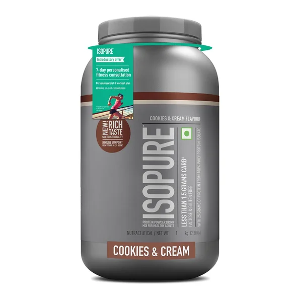 Isopure Less Than 1.5 gm Carbs 100% Whey Protein Isolate Cookies &amp; Cream Flavour Powder, 2.20 lb, Pack of 1