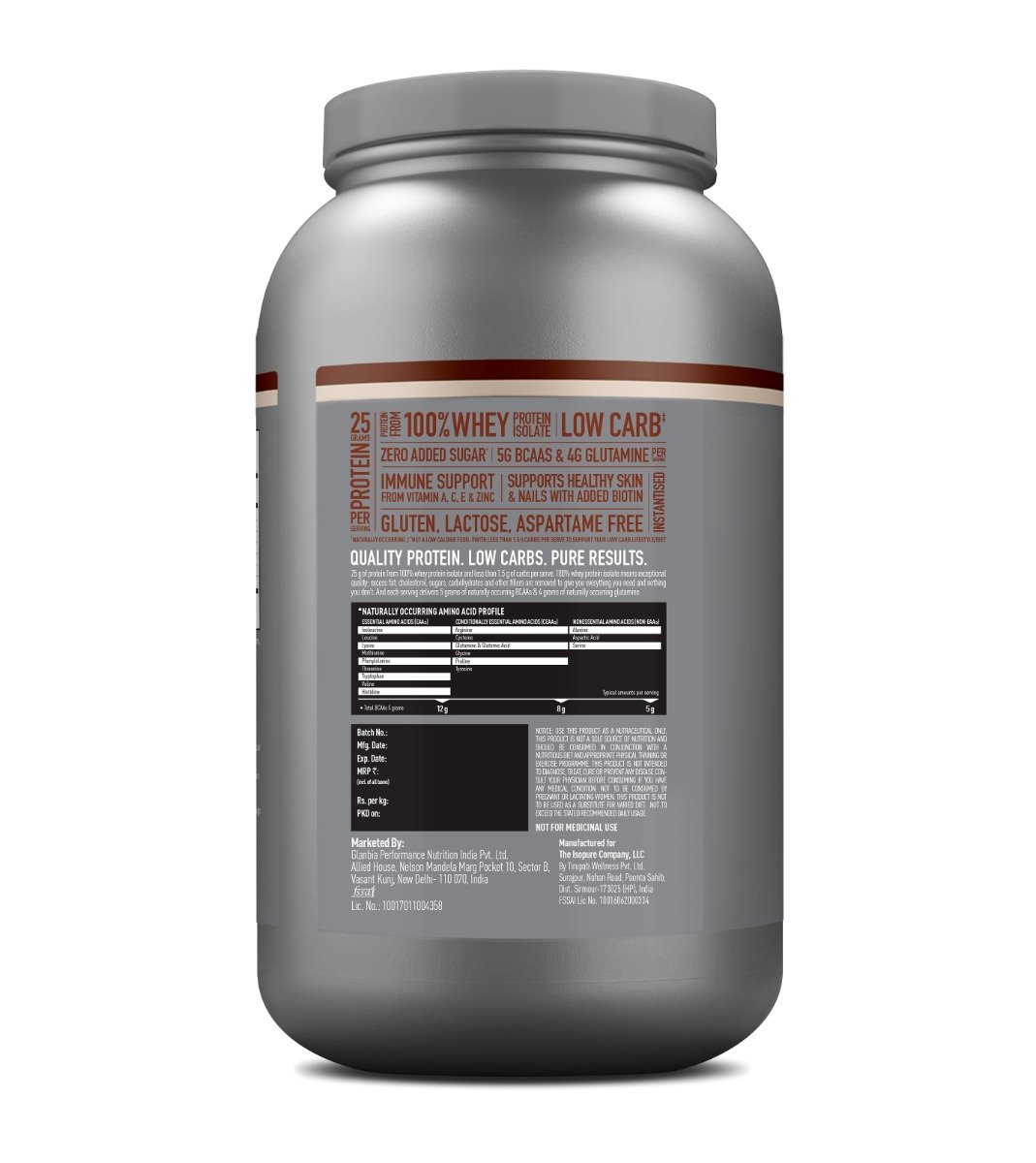 Isopure Less Than 1.5 gm Carbs 100% Whey Protein Isolate Cookies & Cream Flavour Powder, 2.20 lb, Pack of 1 Isopure Less Than 1.5 gm Carbs 100% Whey Protein Isolate Cookies & Cream Flavour Powder, 2.20 lb, Pack of 1