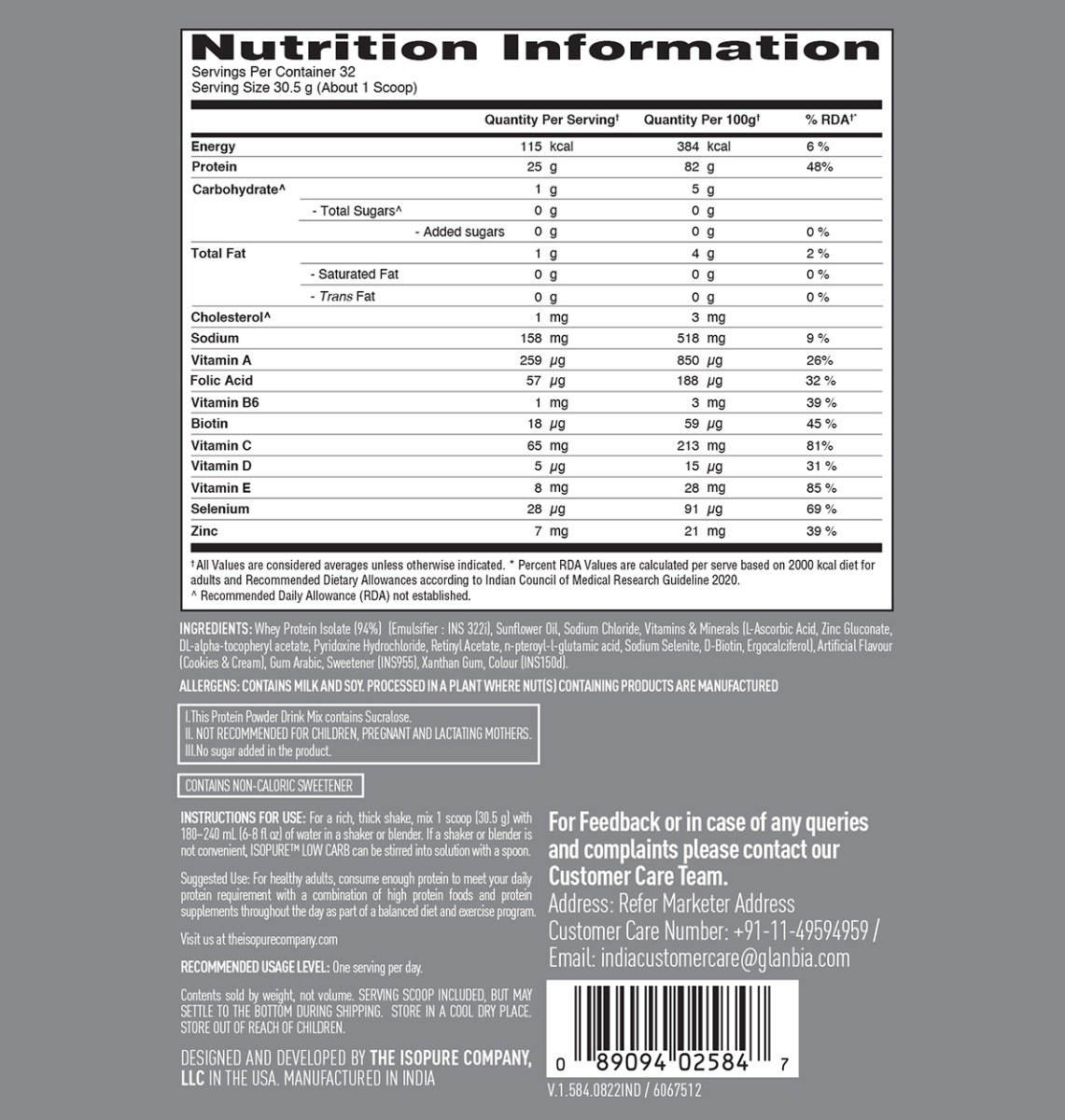 Isopure Less Than 1.5 gm Carbs 100% Whey Protein Isolate Cookies & Cream Flavour Powder, 2.20 lb, Pack of 1 Isopure Less Than 1.5 gm Carbs 100% Whey Protein Isolate Cookies & Cream Flavour Powder, 2.20 lb, Pack of 1