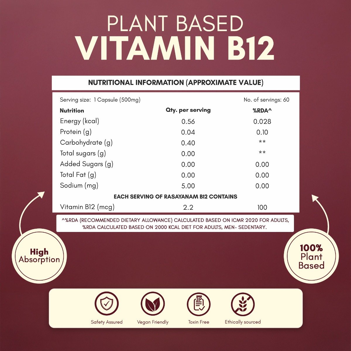 Rasayanam Plant Based Vitamin B12, 60 Capsules, Pack of 1 Rasayanam Plant Based Vitamin B12, 60 Capsules, Pack of 1