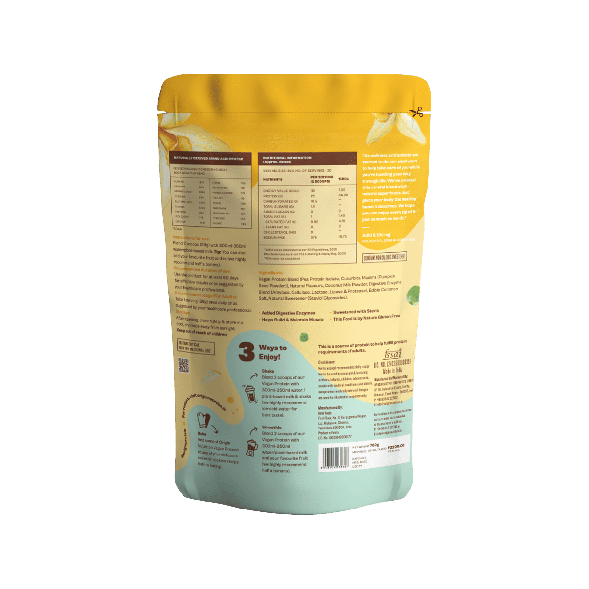 Origin Nutrition 100 Natural Vegan Protein Vanilla Flavour Powder, 780