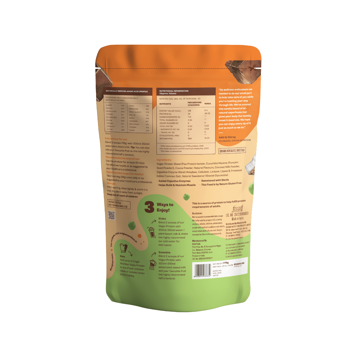 Origin Nutrition 100 Natural Vegan Protein Chocolate Flavour Powder