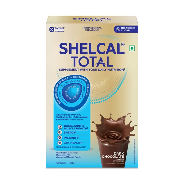 Shelcal Total Adults Dark Chocolate Flavour Daily Nutrition Powder, 400 gm (No Added Sugar)