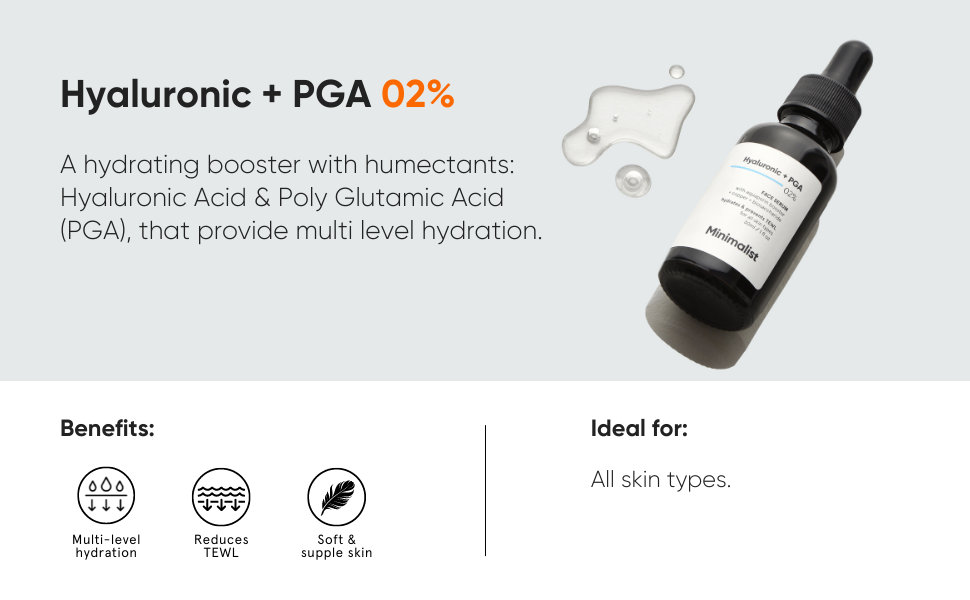 Minimalist 02% Hyaluronic Acid + PGA Face Serum 30 ml | Intense Hydration and Improves Skin Glow, Pack of 1 Minimalist 02% Hyaluronic Acid + PGA Face Serum 30 ml | Intense Hydration and Improves Skin Glow, Pack of 1