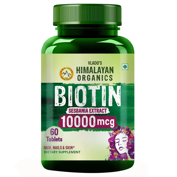 Vlado’s Himalayan Organics Biotin 10000 MCG Tablets for Men &amp; Women, 60 Veg Tablets | Hair Growth, Radiant Skin and Stronger Nails I Sesbania Grandiflora Extract Biotin, Pack of 1