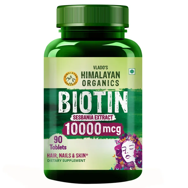 Vlado’s Himalayan Organics Biotin 10000 MCG Tablets for men &amp; Women, 90 Veg Tablets | Hair Growth, Radiant Skin and Stronger Nails I Sesbania Grandiflora Extract Biotin, Pack of 1