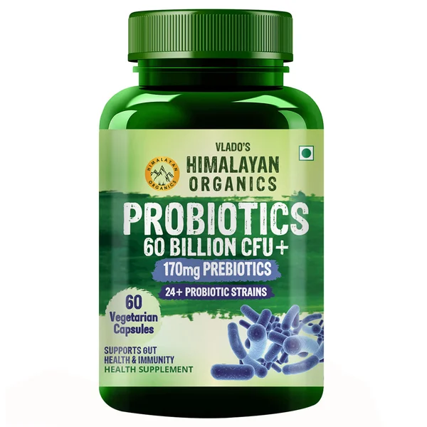 Vlado’s Himalayan Organic Probiotics 60 Billion CFU + 170Mg Prebiotics + 24 Strains Supplement, 60 Veg Capsules | Better Nutrient Absorption, Pack of 1