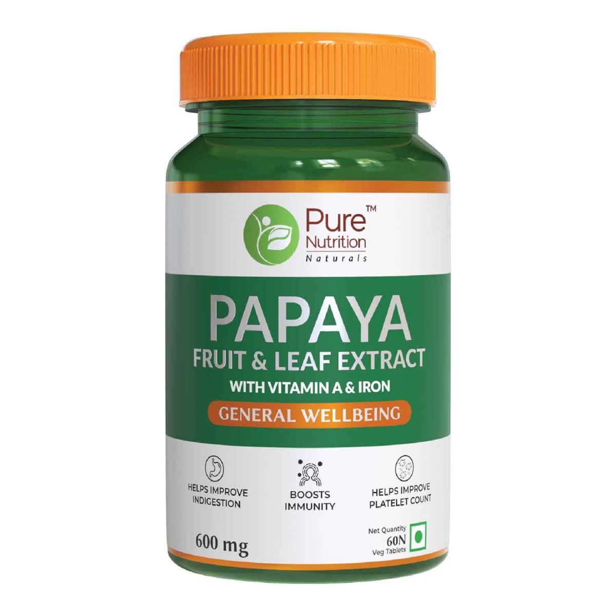 Pure Nutrition Papaya Fruit & Leaf Extract 600 mg, 60 Tablets, Pack of 1 
