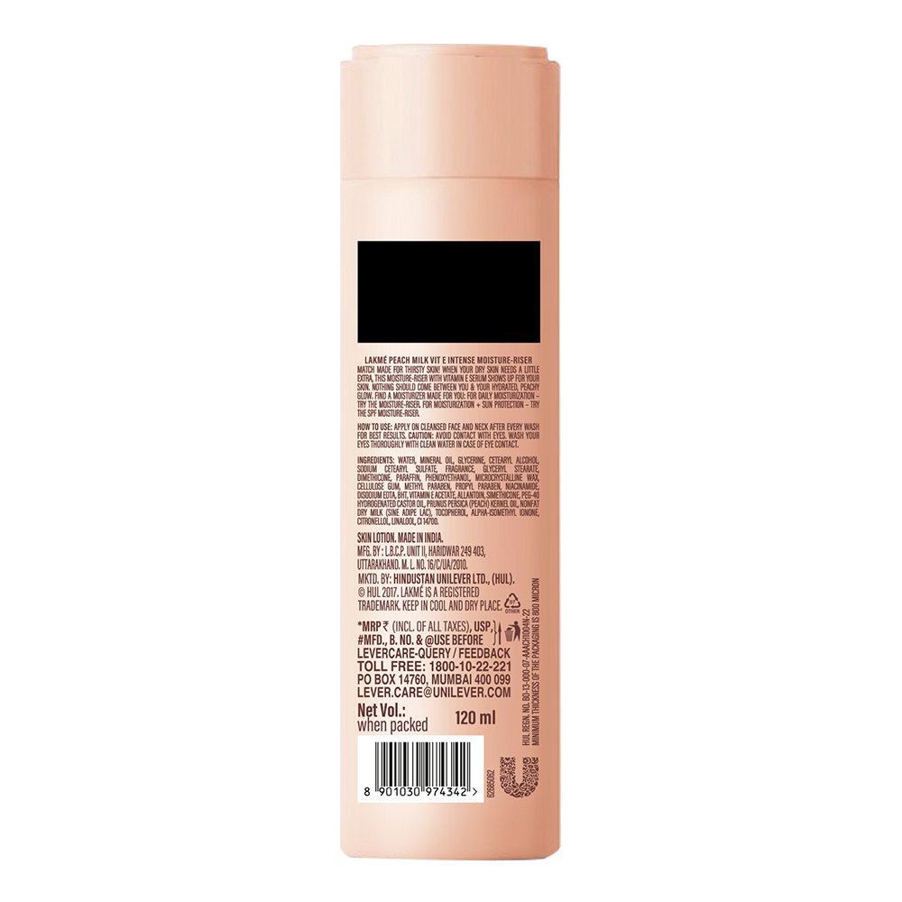 Lakme Peach Milk Intense Moisturiser 120 ml | Vitamin E & Peach Milk Extract | Intense Nourishment | Moisturises Skin for 24 Hrs | Non Sticky & Lightweight | For Normal To Dry Skin, Pack of 1 Lakme Peach Milk Intense Moisturiser 120 ml | Vitamin E & Peach Milk Extract | Intense Nourishment | Moisturises Skin for 24 Hrs | Non Sticky & Lightweight | For Normal To Dry Skin, Pack of 1