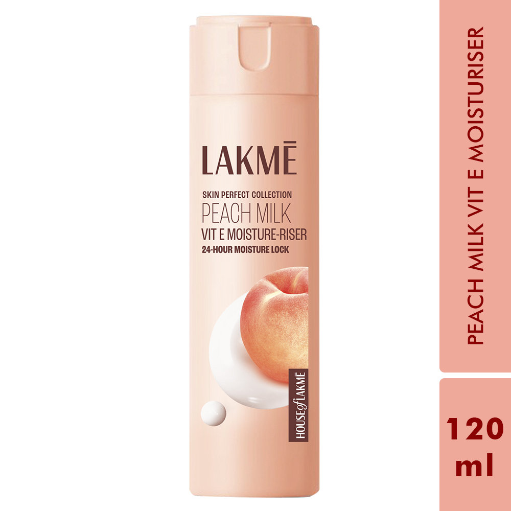 Lakme Peach Milk Moisturizer Body Lotion 120 ml | Peach Milk Extract, Vitamin C & E | Moisturises Skin For 24Hrs | Lightweight | Non Sticky | All Season Cream | For All Skin Type, Pack of 1 Lakme Peach Milk Moisturizer Body Lotion 120 ml | Peach Milk Extract, Vitamin C & E | Moisturises Skin For 24Hrs | Lightweight | Non Sticky | All Season Cream | For All Skin Type, Pack of 1