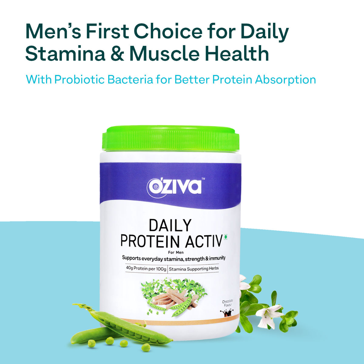 OZiva Daily Protein Activ Chocolate Flavour Powder for Men, 300 gm