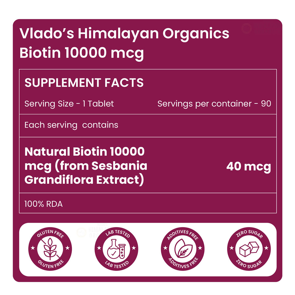 Vlado’s Himalayan Organics Biotin 10000 MCG Tablets for men & Women, 90 Veg Tablets | Hair Growth, Radiant Skin and Stronger Nails I Sesbania Grandiflora Extract Biotin, Pack of 1 Vlado’s Himalayan Organics Biotin 10000 MCG Tablets for men & Women, 90 Veg Tablets | Hair Growth, Radiant Skin and Stronger Nails I Sesbania Grandiflora Extract Biotin, Pack of 1