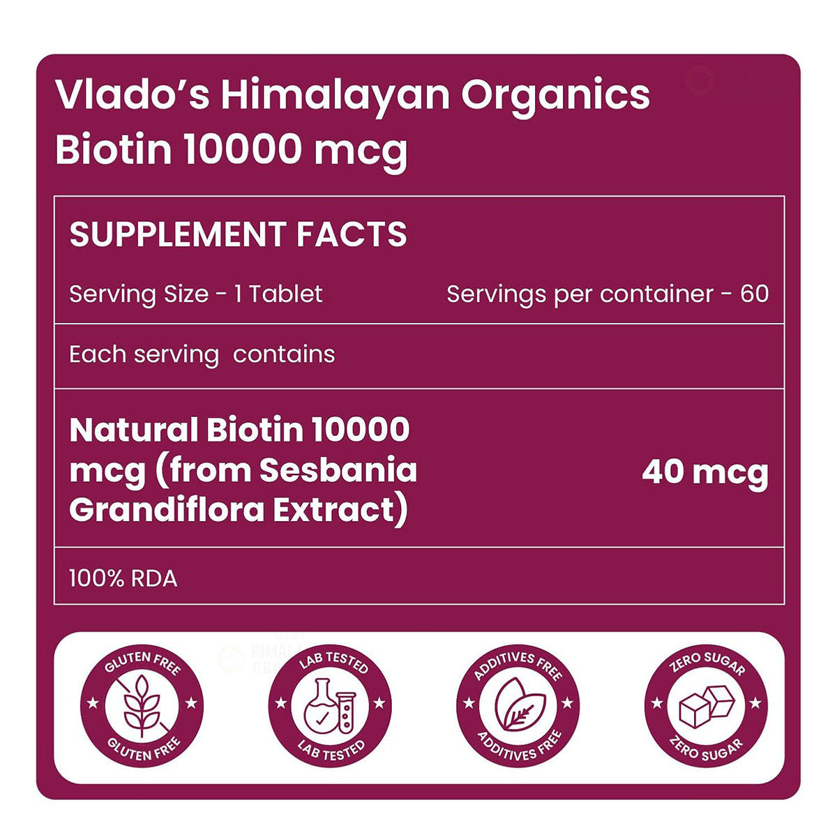Vlado’s Himalayan Organics Biotin 10000 MCG Tablets for Men & Women, 60 Veg Tablets | Hair Growth, Radiant Skin and Stronger Nails I Sesbania Grandiflora Extract Biotin, Pack of 1 Vlado’s Himalayan Organics Biotin 10000 MCG Tablets for Men & Women, 60 Veg Tablets | Hair Growth, Radiant Skin and Stronger Nails I Sesbania Grandiflora Extract Biotin, Pack of 1