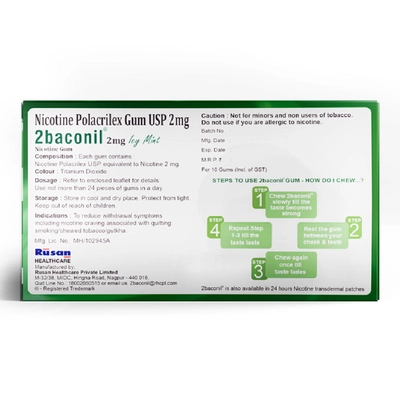 2baconil 2mg Chewing Gum Icy Mint 10's, Pack of 10