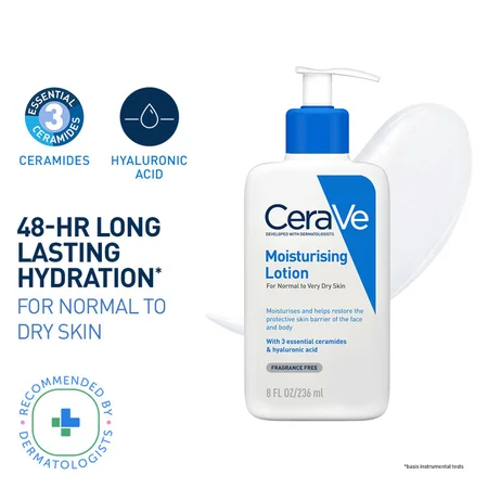 CeraVe Moisturising Lotion for Normal to Dry Skin, 236ml | Ceramides & Hyaluronic Acid | Provides Long Lasting Hydration | Non Greasy 