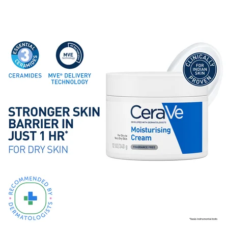 CeraVe Moisturising Cream 340 gm | Ceramides & Hyaluronic Acid | Provides Long Lasting Hydration | Non Greasy | For Dry to Very Dry Skin