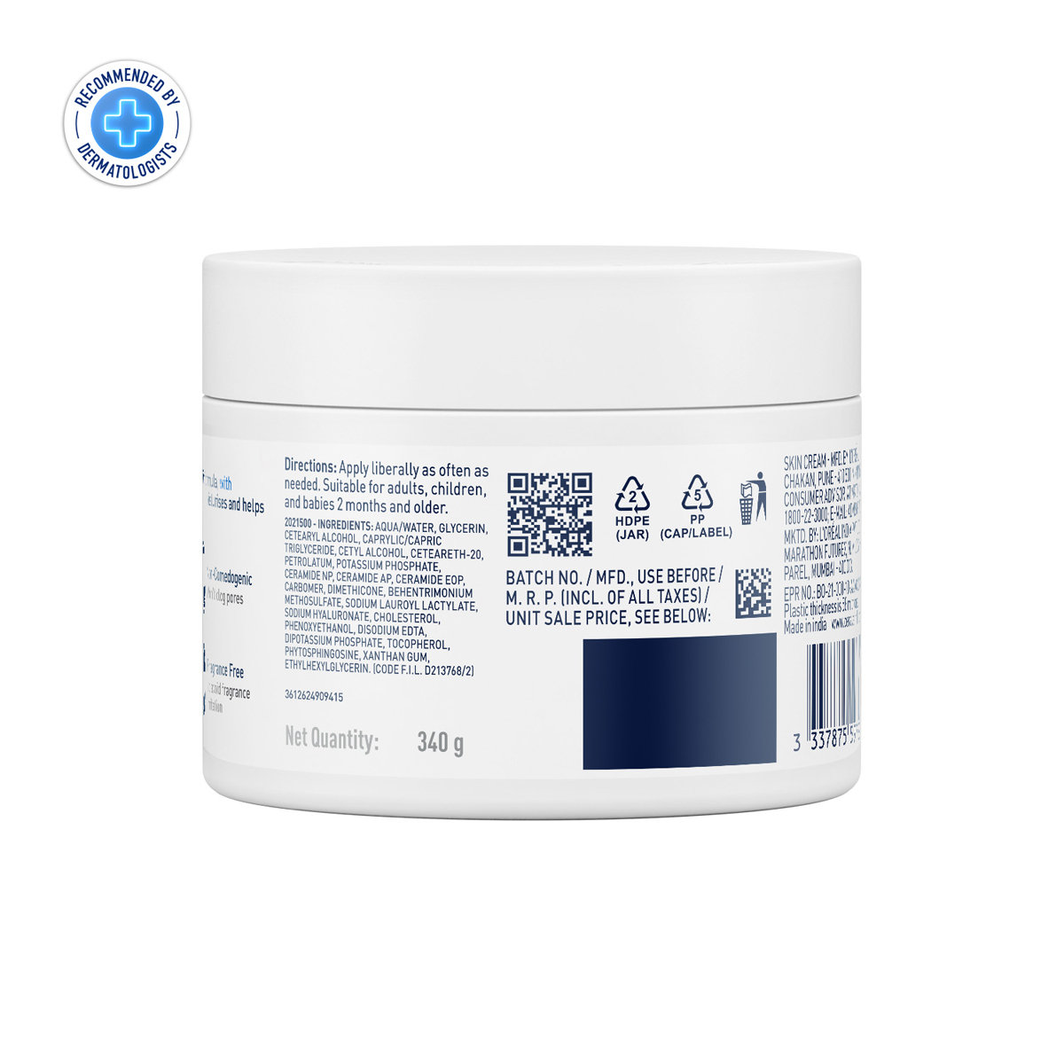 CeraVe Moisturising Cream 340 gm | Ceramides & Hyaluronic Acid | Provides Long Lasting Hydration | Non Greasy | For Dry to Very Dry Skin, Pack of 1 CeraVe Moisturising Cream 340 gm | Ceramides & Hyaluronic Acid | Provides Long Lasting Hydration | Non Greasy | For Dry to Very Dry Skin, Pack of 1