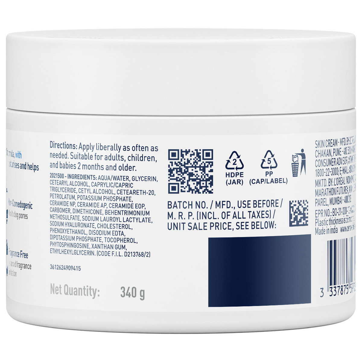 CeraVe Moisturising Cream 340 gm | Ceramides & Hyaluronic Acid | Provides Long Lasting Hydration | Non Greasy | For Dry to Very Dry Skin, Pack of 1 CeraVe Moisturising Cream 340 gm | Ceramides & Hyaluronic Acid | Provides Long Lasting Hydration | Non Greasy | For Dry to Very Dry Skin, Pack of 1
