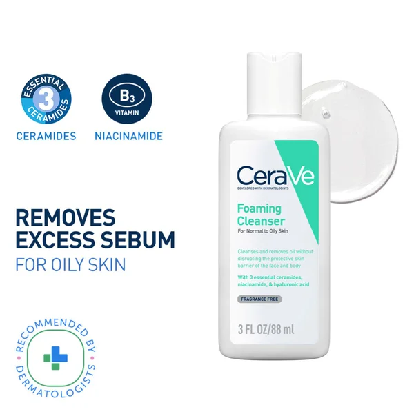 CeraVe Foaming Cleanser 88 ml | Ceramides, Niacinamides, Hyaluronic Acid | Gently Cleanses | Controls Oil | For Normal to Oily Skin, Pack of 1