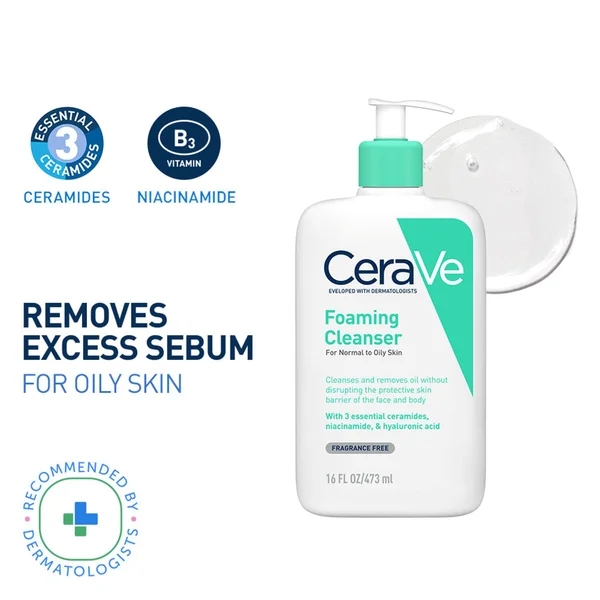 CeraVe Foaming Cleanser 473 ml | Ceramides, Niacinamides, Hyaluronic Acid| Gently Cleanses | Controls Oil | For Normal to Oily Skin, Pack of 1