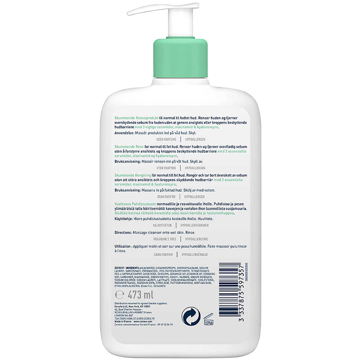 CeraVe Foaming Cleanser 473 ml | Ceramides, Niacinamides, Hyaluronic Acid| Gently Cleanses | Controls Oil | For Normal to Oily Skin, Pack of 1 CeraVe Foaming Cleanser 473 ml | Ceramides, Niacinamides, Hyaluronic Acid| Gently Cleanses | Controls Oil | For Normal to Oily Skin, Pack of 1