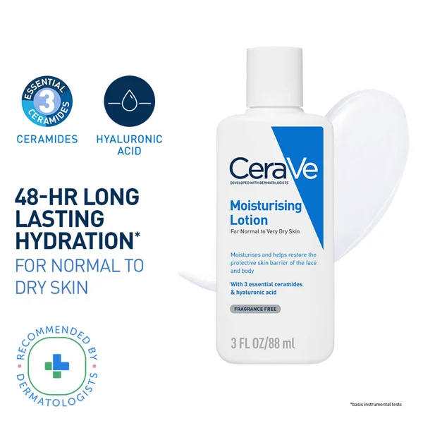 CeraVe Moisturising Lotion 88 ml | Ceramides &amp; Hyaluronic Acid | Provides Long Lasting Hydration | Non Greasy | For Dry to Very Dry Skin, Pack of 1