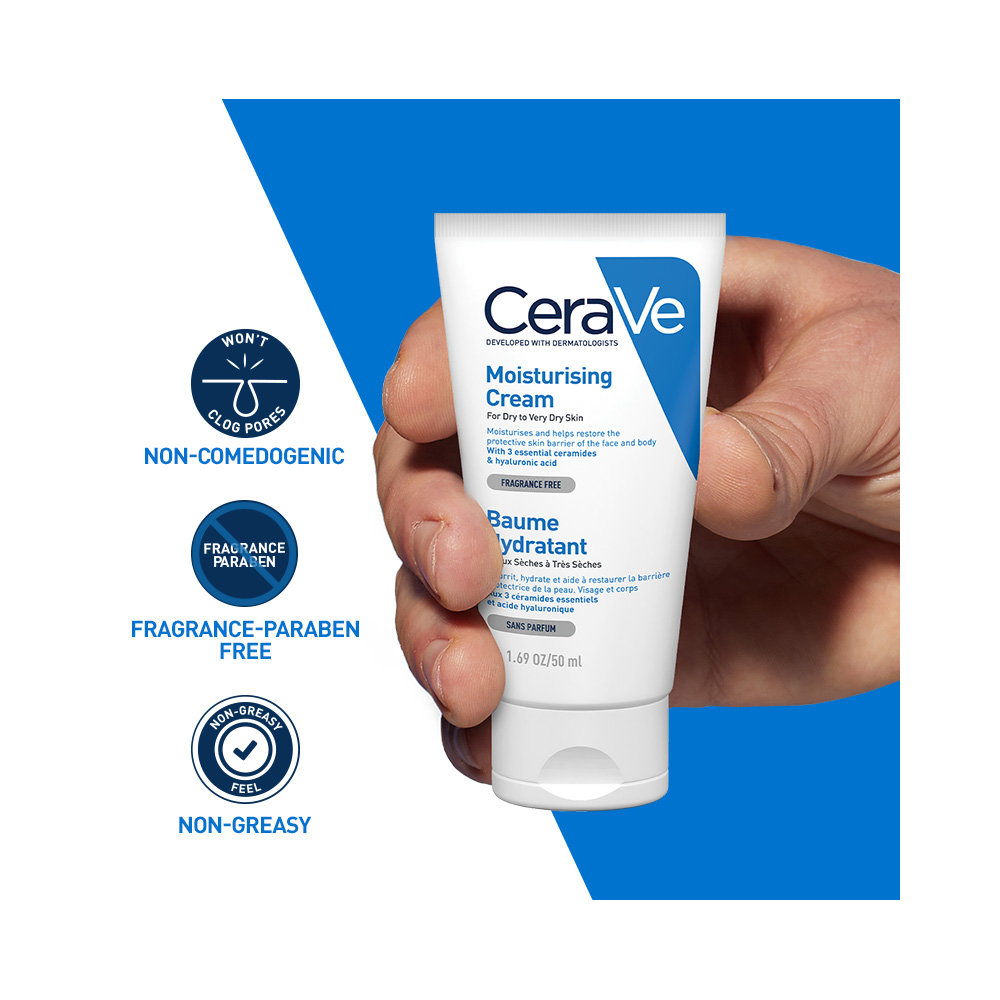 CeraVe Moisturising Cream 50 ml | Ceramides & Hyaluronic Acid | Provides Long Lasting Hydration | Non Greasy | For Dry to Very Dry Skin, Pack of 1 CeraVe Moisturising Cream 50 ml | Ceramides & Hyaluronic Acid | Provides Long Lasting Hydration | Non Greasy | For Dry to Very Dry Skin, Pack of 1