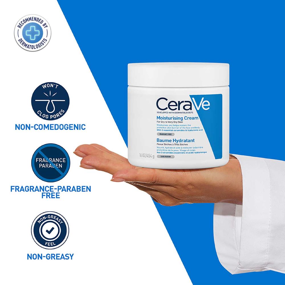 CeraVe Moisturising Cream 454 gm | Ceramides & Hyaluronic Acid | Provides Long Lasting Hydration | Non Greasy | For Dry to Very Dry Skin, Pack of 1 CeraVe Moisturising Cream 454 gm | Ceramides & Hyaluronic Acid | Provides Long Lasting Hydration | Non Greasy | For Dry to Very Dry Skin, Pack of 1