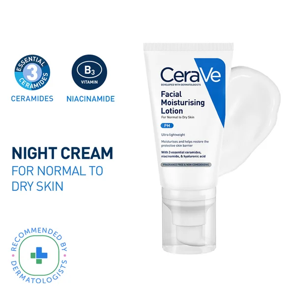 CeraVe PM Facial Moisturising Lotion 52 ml | Ceramides, Niacinamide, Hyaluronic Acid | Provides Moisturization &amp; Hydration | For Normal to Dry Skin, Pack of 1