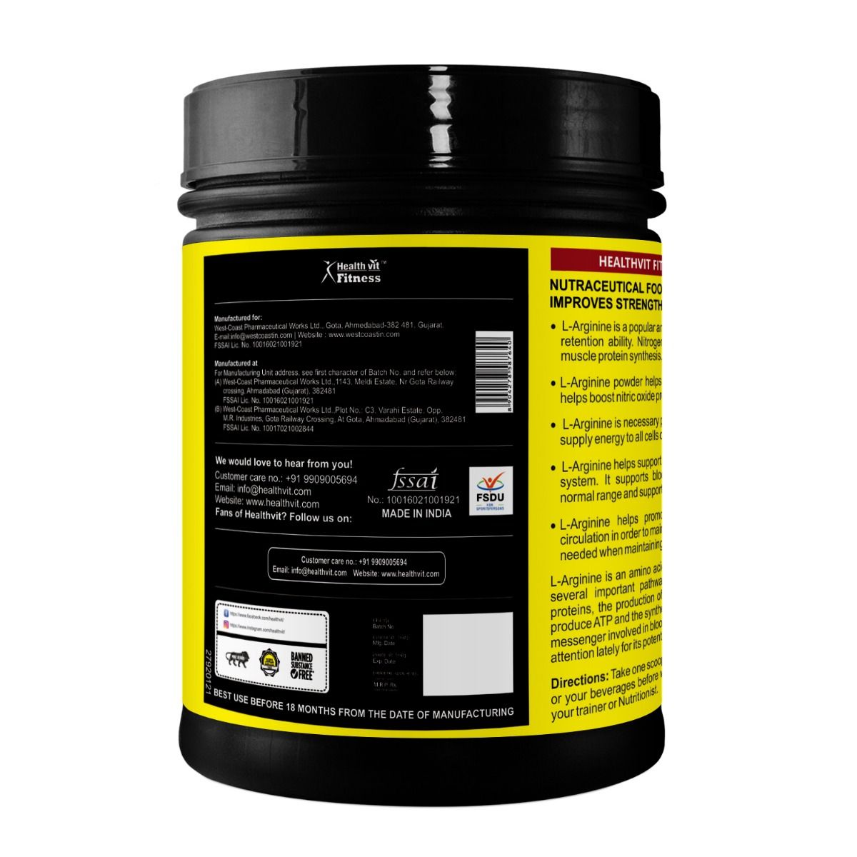 Healthvit Fitness LArginine Amino Acid Orange Flavour Powder, 200 gm