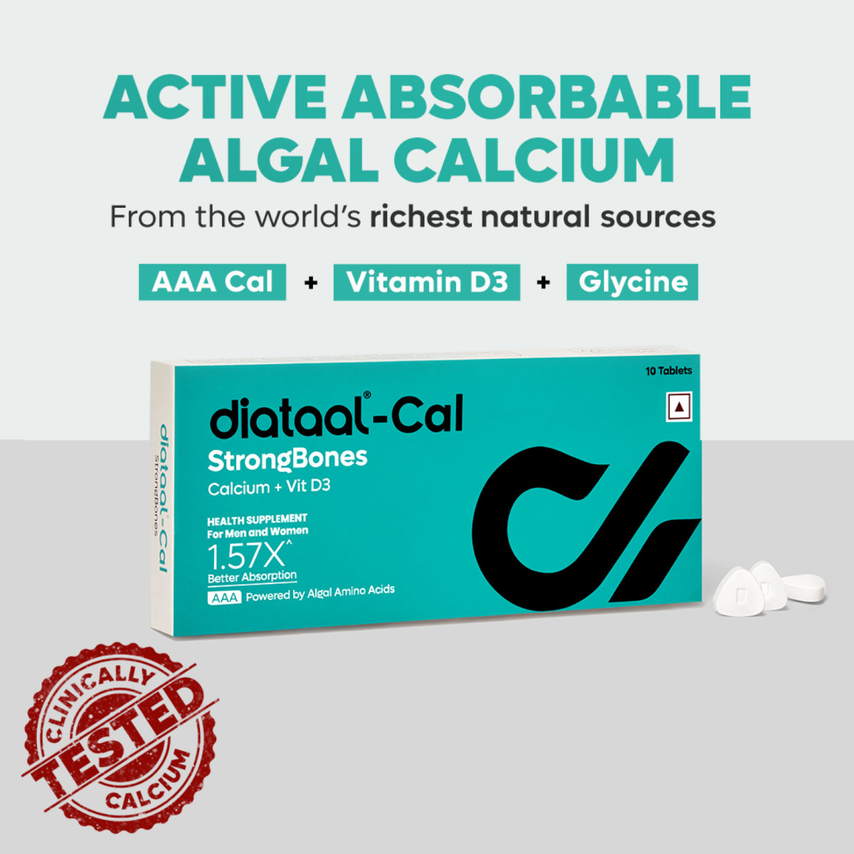 Diataal Cal Strong Bones 10 Tablets | Clinically Tested AAA Calcium + 400 IU Vit D3 + Glycine | 57% Better Absorption | For Strong Bones, Joints & Muscles | Patented Japanese Tech |, Pack of 10 Diataal Cal Strong Bones 10 Tablets | Clinically Tested AAA Calcium + 400 IU Vit D3 + Glycine | 57% Better Absorption | For Strong Bones, Joints & Muscles | Patented Japanese Tech |, Pack of 10