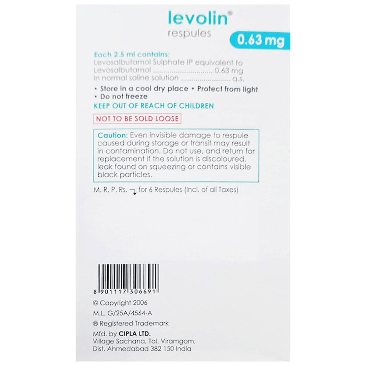Levolin 0.63 mg Respules 6x2.5 ml, Pack of 6 Levolin 0.63 mg Respules 6x2.5 ml, Pack of 6