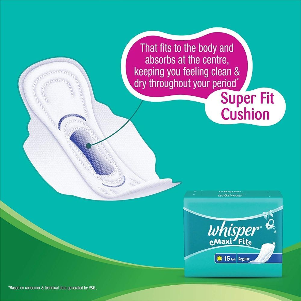 Whisper Maxi Fit Sanitary Regular Pads, 15 Count Price, Uses, Side ...