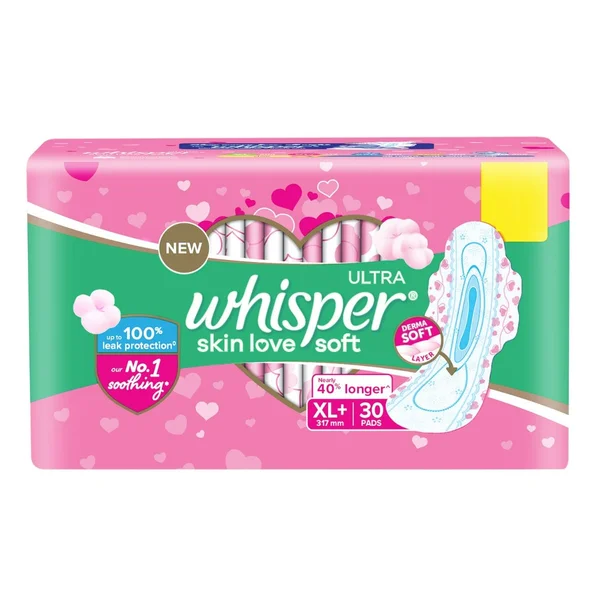 Whisper Ultra Skin Love Soft Sanitary Pads for Women XL+, 30 Count, Pack of 1
