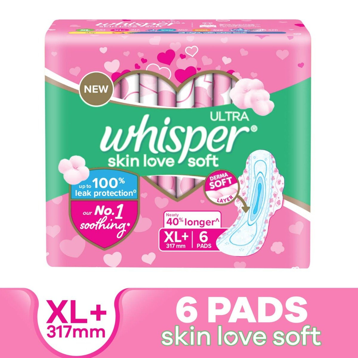 Whisper Ultra Skin Love Soft Sanitary Pads for Women XL+, 6 Count, Pack of 1 Whisper Ultra Skin Love Soft Sanitary Pads for Women XL+, 6 Count, Pack of 1