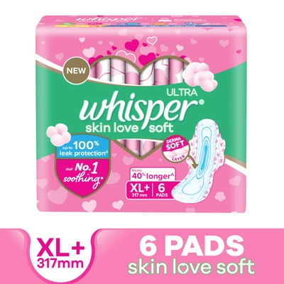 Whisper Ultra Skin Love Soft Sanitary Pads for Women XL+, 6 Count, Pack of 1