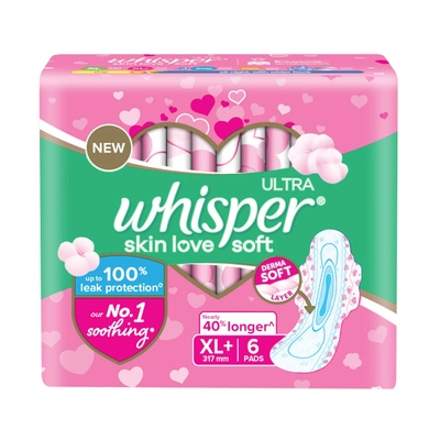 Whisper Ultra Skin Love Soft Sanitary Pads for Women XL+, 6 Count, Pack of 1