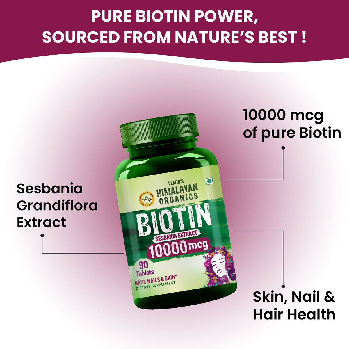 Vlado’s Himalayan Organics Biotin 10000 MCG Tablets for men & Women, 90 Veg Tablets | Hair Growth, Radiant Skin and Stronger Nails I Sesbania Grandiflora Extract Biotin, Pack of 1 Vlado’s Himalayan Organics Biotin 10000 MCG Tablets for men & Women, 90 Veg Tablets | Hair Growth, Radiant Skin and Stronger Nails I Sesbania Grandiflora Extract Biotin, Pack of 1