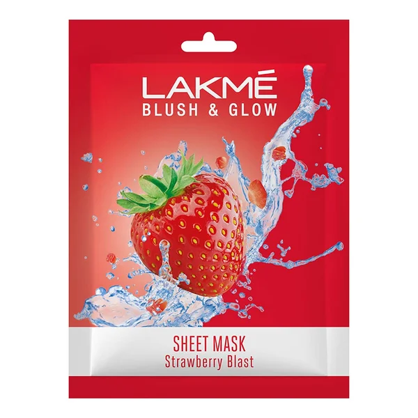 Lakme Blush &amp; Glow Strawberry Blast Sheet Mask 25 ml | With Pure Strawberry Extract | Fruit Facial Like Glow In 15 Min | Gives Rejuvenated Feel, Pack of 1